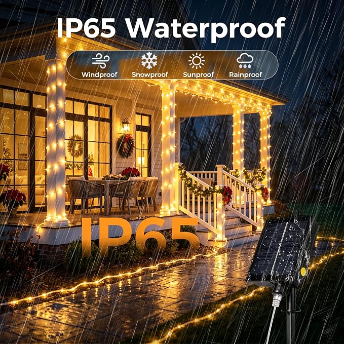 Connectable 100FT 600LED Solar Rope Lights Outdoor Waterproof | 1.97'' LED Spacing More Brighter, USB & Solar Powered Fairy Lights for Outside Yard Tree Pool Christmas Decor, Warm White