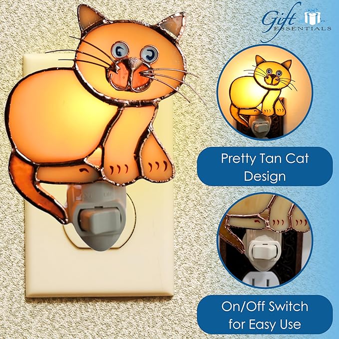 Gift Essentials Tan Cat Plug in Night Light - Stained Glass Nightlight with On/Off Rocker Switch - Includes One 4 Watt Replaceable Incandescent Warm Glow Bulb
