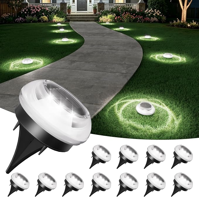 VOLISUN Mini Solar Pathway Lights Outdoor,12 Pack Flat Solar Ground Lights | IP67 Waterproof Solar Powered Disc Lights,Landscape Lighting for Garden Yard Walkway Luces Patio Driveway,Cool White