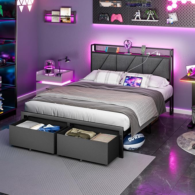 Queen Bed Frame with 2 Storage Drawers & Upholstered Headboard | Metal Platform Bed with Storage Shelf, Charging Station, LED Lights and Heavy-Duty slats, No Spring Box Needed, Noise-Free