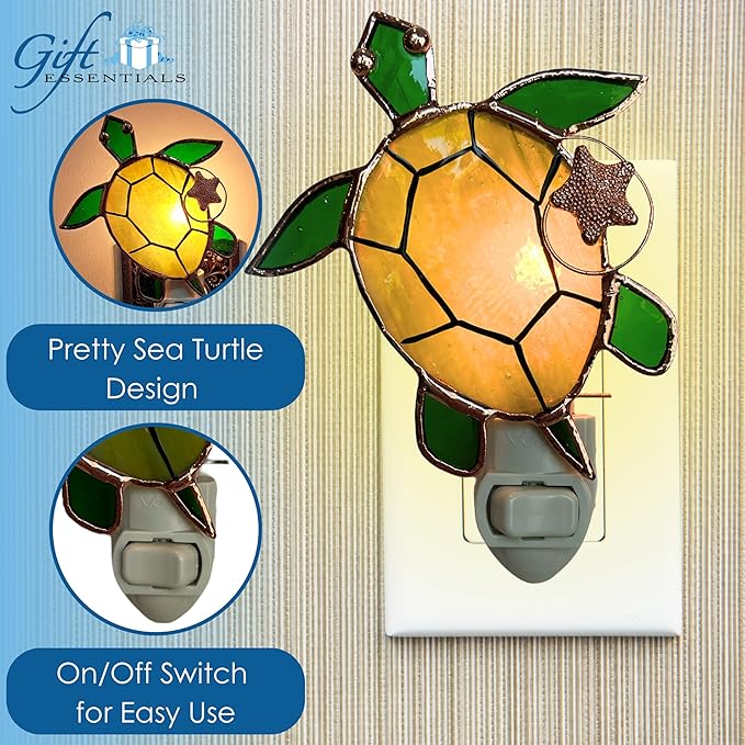 Gift Essentials Sea Turtle Plug in Night Light - Stained Glass Nightlight with On/Off Rocker Switch - Includes One 4 Watt Replaceable Incandescent Warm Glow Bulb