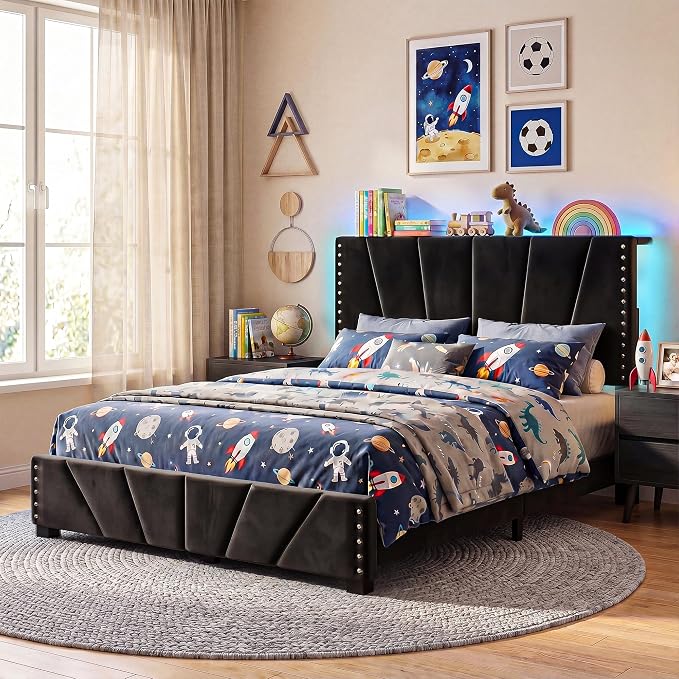 EnHomee Full Bed Frame with Adjustable Headboard,Charger & LED Lights,Black | Adjustable Velvet Headboard，Under-Bed Storage，Heavy Duty Support with 12 Slats，No Box Spring Needed，Easy Assembly for Bedroom