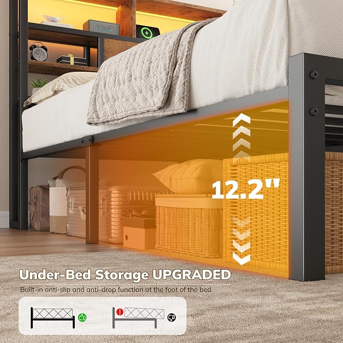 Homkdom Full Bed Frame with Storage Headboard and Charging Station,Brown | LED Lights，12.2" Under-Bed Storage，Supports up to 1100 LBS，No Box Spring Needed，Easy Assembly