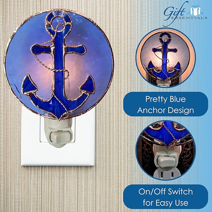 Gift Essentials Blue Anchor Plug in Night Light - Stained Glass Nightlight with On/Off Rocker Switch - Includes One 4 Watt Replaceable Incandescent Warm Glow Bulb