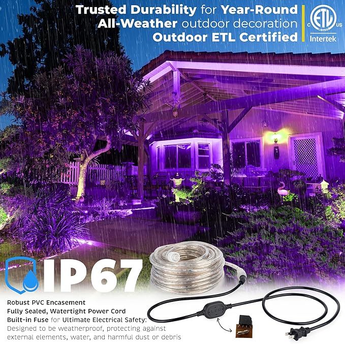 WYZworks 1116LEDs, 100ft LED Outside Rope Lights, Waterproof Permanent Outdoor ETL Certified Connectable Clear Tube, Christmas Palm Tree Holiday Decorative Landscape Patio Accent Lighting - Purple