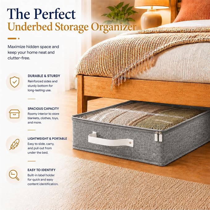 Under Bed Storage, Low Profile 2pc with Lid, Light Gray | Slim fit for low-clearance beds & couches, Fits seasonal clothes, blankets & shoes, Bins with lids, Space-saving storage