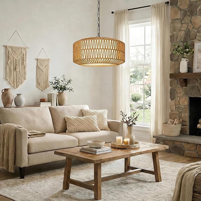 Farmhouse Chandelier Light Fixture, 5-Light Rattan Boho Chandeliers for Dining Room, Hand Woven Pendant Light with Linen Shade, Rustic Hanging Lighting for Kitchen Island, Bedroom (Bulb Not Included)