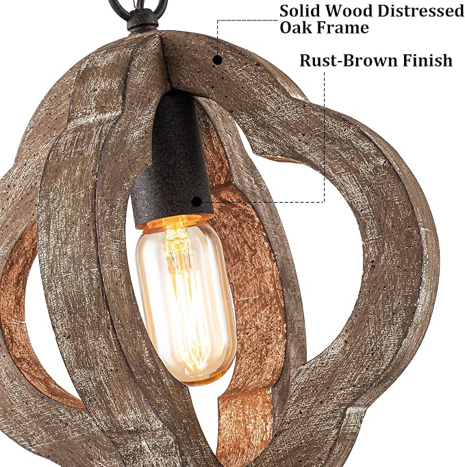 10" Small Farmhouse Wood Oak Pendant Light for Kitchen Island Over Sink | Distressed Oak, Rustic Country Style, Rust-Brown Finish, Orb Shape, E26 1-Light, Ajustable Height