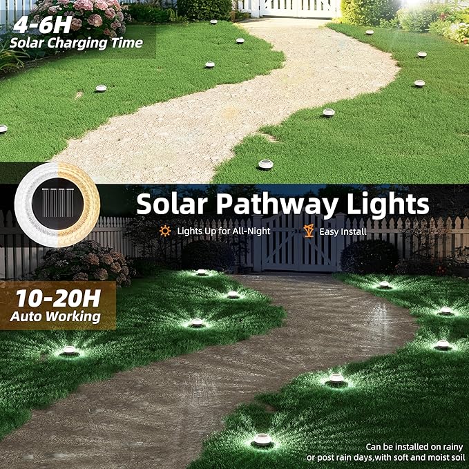 VOLISUN Solar Ground Lights Outdoor,16 Pack Flat Solar Pathway Lights | IP67 Waterproof Solar Powered Disc Lights,Landscape Lighting for Garden Yard Walkway Patio Driveway,Cool White