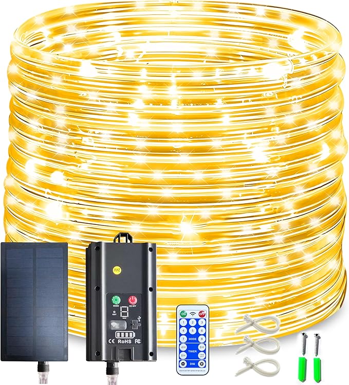 99FT 1000LED Solar Rope Lights - Warm White Solar Powered String Lights with 8 Lighting Modes, IP65 Waterproof Fairy Light for Outdoor Garden Yard Tree Christmas Holiday Decor