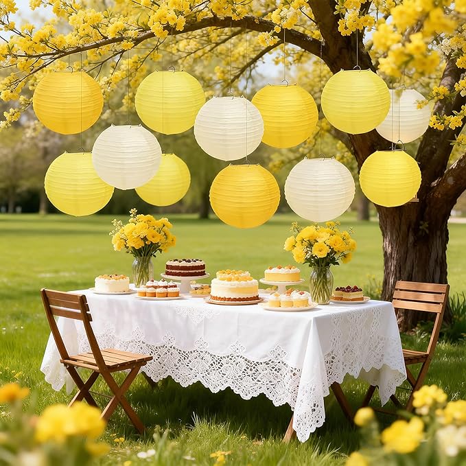 12 Pcs Yellow Paper Lanterns, 10" Hanging Paper Lanterns, Yellow Party Decorations for Engagement Wedding Sunshine Birthday Party Classroom Home Decor