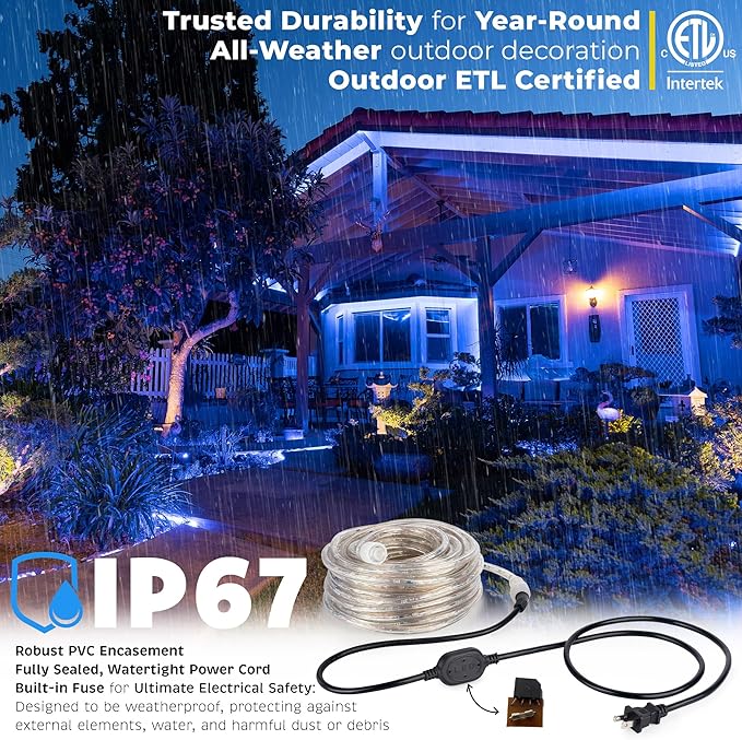WYZworks 1656LEDs, 150ft LED Outside Rope Lights, Waterproof Permanent Outdoor ETL Certified Connectable Clear Tube, Christmas Palm Tree Holiday Decorative Landscape Patio Accent Lighting - Blue