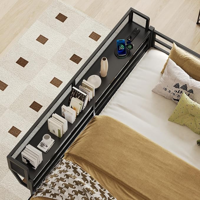 Queen Over Queen Metal Bunk Bed with Storage Shelf & USB Charging | Open Storage Shelf,2 AC Outlets,2 USB Ports,Full-Length Guardrail for Boys&Girls,Noise-Free & Stable,No Box Spring Needed
