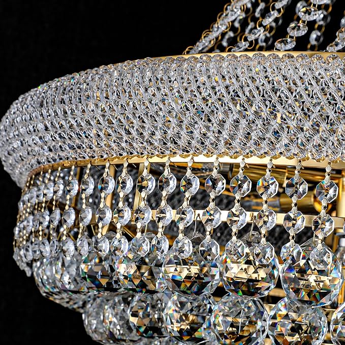 28" W 15 Light Luxury Foyer Chandeliers, Unique Empire K9 Crystal Chandelier for High Ceiling Foyer Entryway Living Room (Gold)