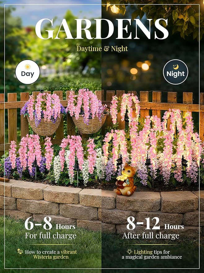 GIGALUMI 3 Pack Solar Wisteria Flowers Outdoor, 2 Modes, Pink | Flower Lights, IP65 Waterproof, Auto On/Off, Solar Powered, Garden Decor, for Pathway, Yard, Patio, Gardening Gifts for Women