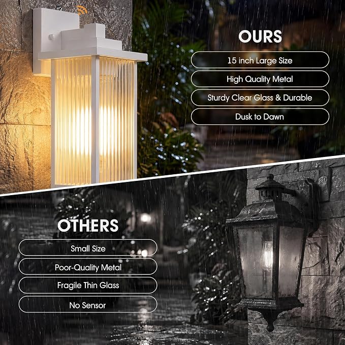 15-Inch Dusk to Dawn Outdoor Wall Light, White Porch Light All-Metal | Auto On at Dusk, Off at Dawn. Textured Glass Softens Glare. Waterproof Rust-Resistant Metal. Pre-Assembled DIY Install