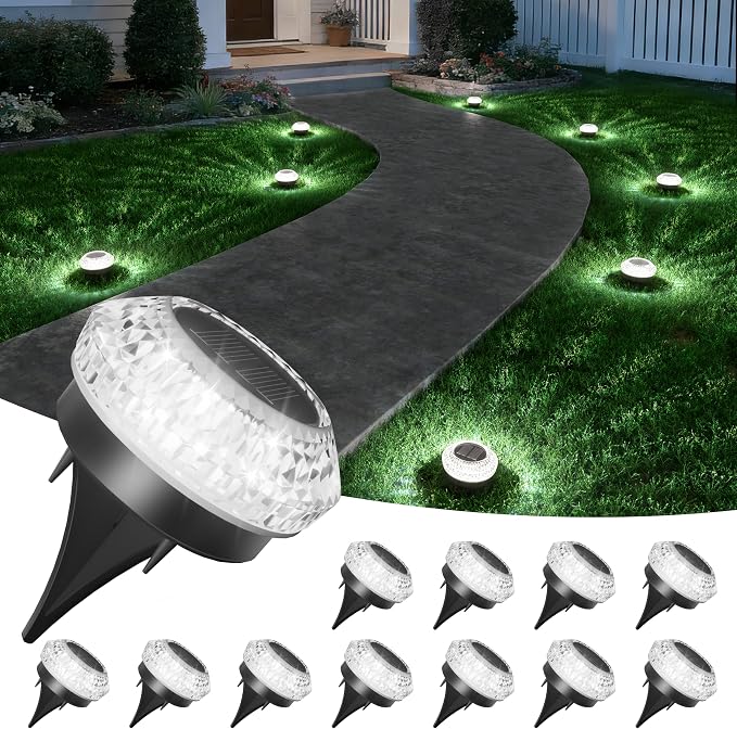VOLISUN Solar Ground Lights Outdoor,12 Pack Flat Solar Pathway Lights | IP67 Waterproof Solar Powered Disc Lights,Landscape Lighting for Garden Yard Walkway Patio Driveway,Cool White