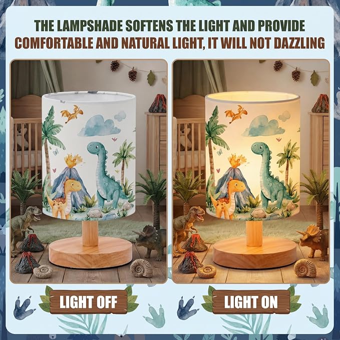 Roaring Dinosaur Kids Table Lamp for Bedroom Kids Bedside Lamp with Linen Wooden Nightstand Cartoon Nursery Lampshade for Girls Boys Living Room