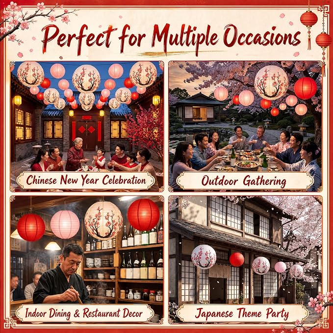 Mudder 20 Pack Cherry Blossom Party Decorations, Pink White Red Hanging Paper Lanterns, Japanese Sakura Theme Decor for Birthday Wedding Garden Party Home Decorations