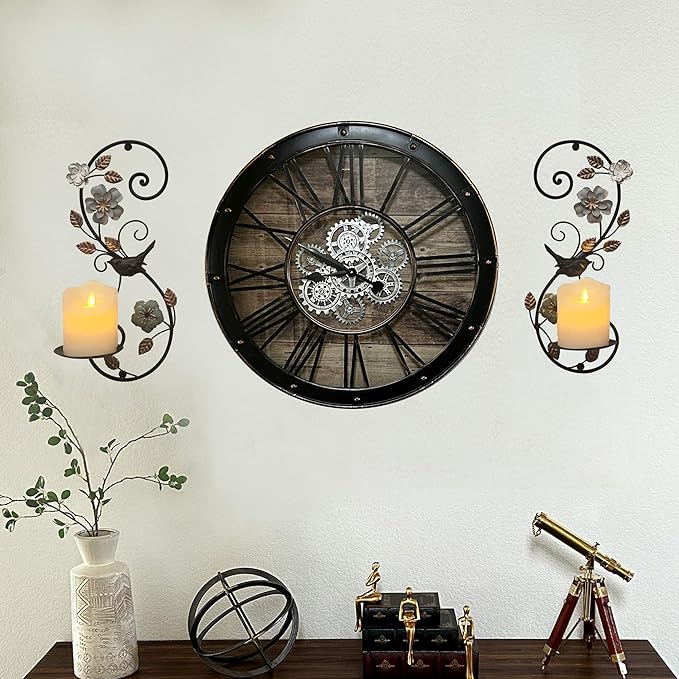 Farmhouse Wall Candle Sconces Set of 2 - Distressed Candle Holder Wall Mounted for Pillar - Vintage Metal Decor with Flower Leaves for Hallway Fireplace Bedroom Living Room