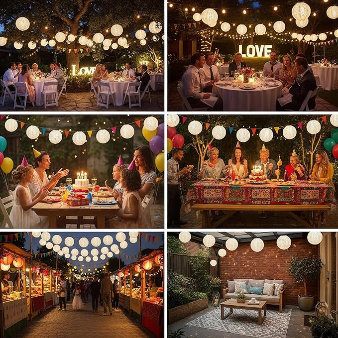 12Pack White Paper Lanterns Decorative Chinese Japanese Hanging Paper Lanterns Party Decorations 8Inch Round Hollow Lamps for Valentines Wedding Anniversary Baby Shower Outdoor Indoor Birthday Decor