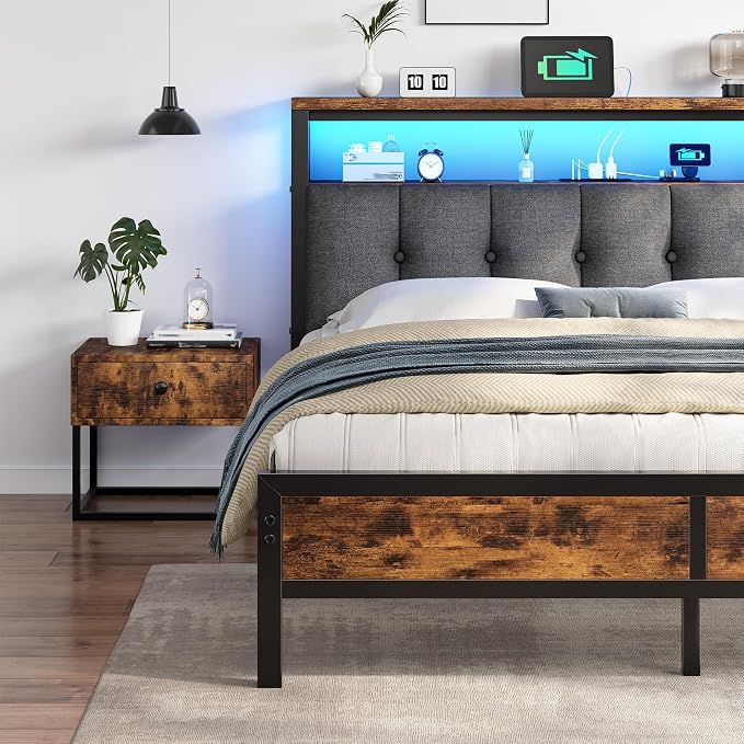 Homkdom Full Size Bed Frame with Headboard & Charging Station | Linen Upholstery, 2-Tier Shelf, 2 Outlets, USB-A, Type-C, RGB LED Remote, 12" Underbed Space, 900 lbs, No Box Spring, Brown