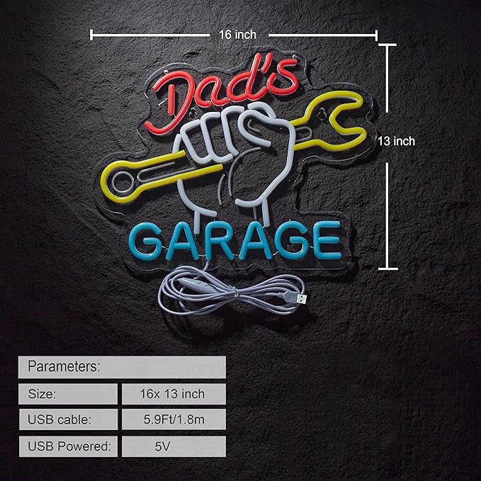 Dad's Garage Neon Sign for Wall Décor Garage LED Car Signs for Auto Repair Shop Man Cave Workshop Decor for Fathers Gift