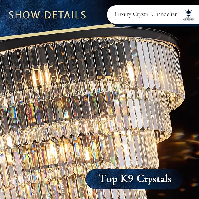 Large Black Crystal Chandelier 36" Round Chandeliers for Staircase Modern 22 Lights 7-Tier Luxury K9 Crystal Ceiling Pendant Lighting Fixture for High Ceiling Living Room Foyer