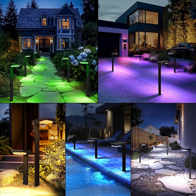 4 Pack Color Changing & Sync Smart Solar Pathway Lights, Solar Lights Outdoor Waterproof, 9 Modes (Warm White/Cool White/RGB) Landscape Lighting for Driveway, Walkway, Garden, Yard, Patio