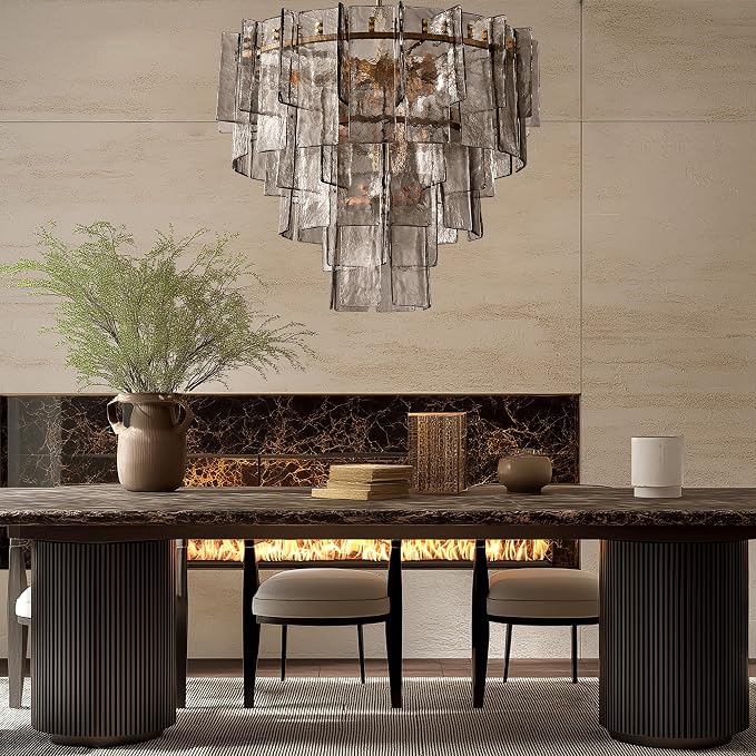 36" Extra Large Tiered Smoked Clear Textured Glass Chandelier, 10-Light Modern Pendant Lighting with E26 Sockets, 56" Adjustable Rods, Ceiling Fixture for Dining Room, Living Room, Foyer (Gold)