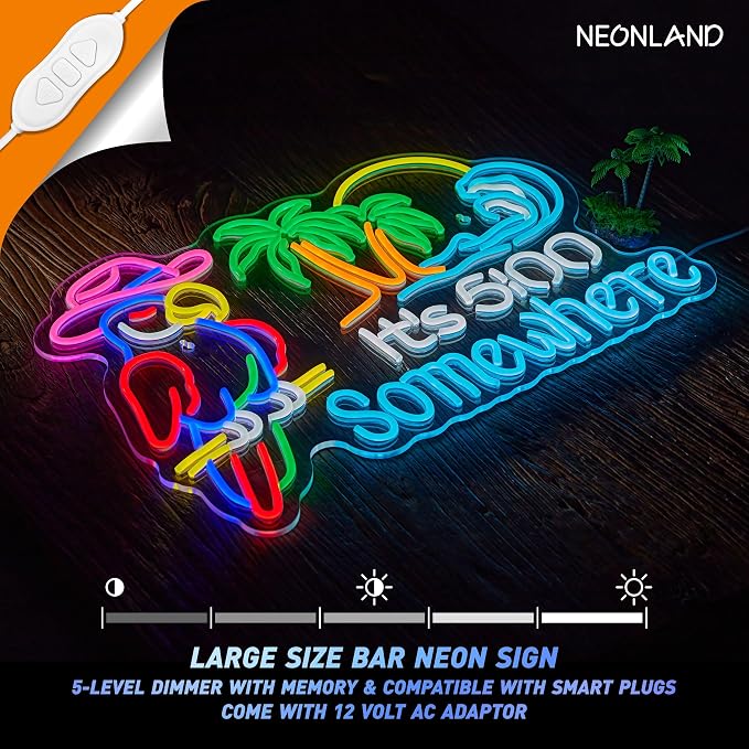 Large Size Parrot Its 5 00 O'clock Somewhere Neon Sign Bar Beer Beach Decor | Palm Tree LED Lights Tropical Coconut It's Five O'clock Some Where Light Up Signs 12v AC Dimmable Man Cave (24 inch)