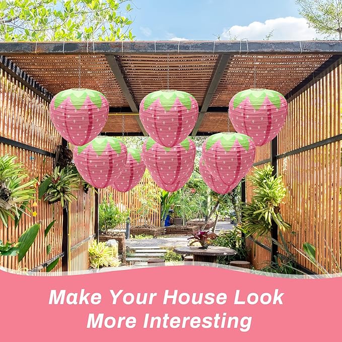 4 PCS Strawberry Paper Lantern Pink, Windspeed Large Strawberry Lantern Decorations Hanging Paper Lantern for Strawberry Party Decor 3D Strawberry Paper Lanterns 8 inch, 12 inch