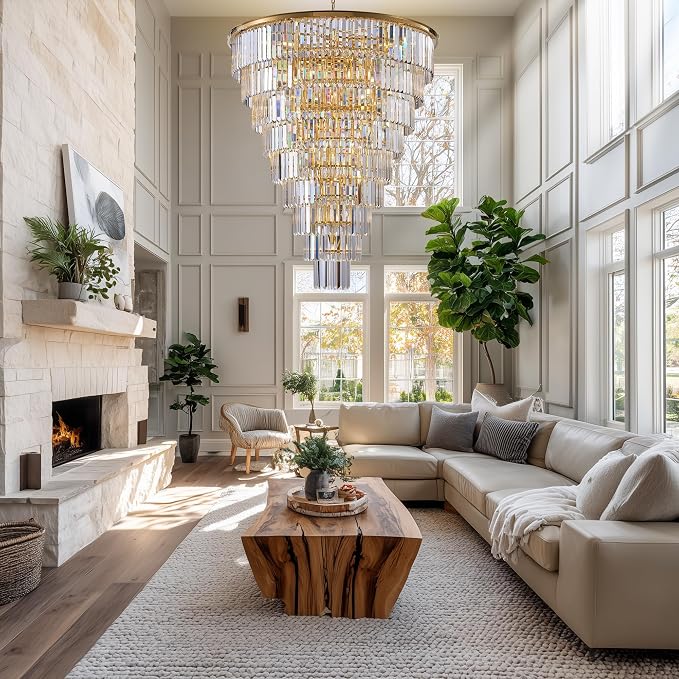48-Inch Gold Tiered Crystal Tube Chandelier - 45-Light E12 Pendant with 580 Crystal Rods, Mirror-Polished Metal Frame, Adjustable 79" Chain, Gold