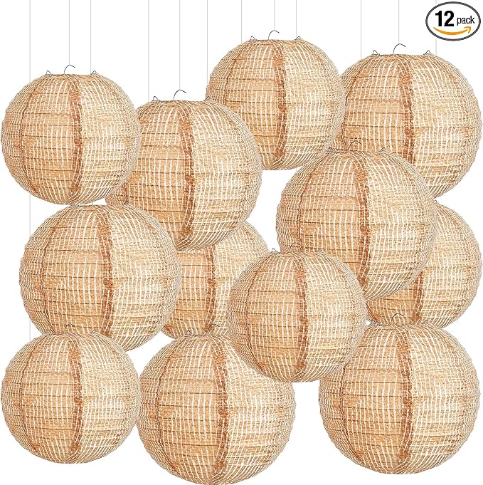 Hortsun 12 Pcs Print Burlap Paper Lanterns Round Chinese Paper Lanterns Farmhouse Boho Classroom Decor Home Sweet Classroom Birthday Party Ceremonial Event (8/10 Inch)
