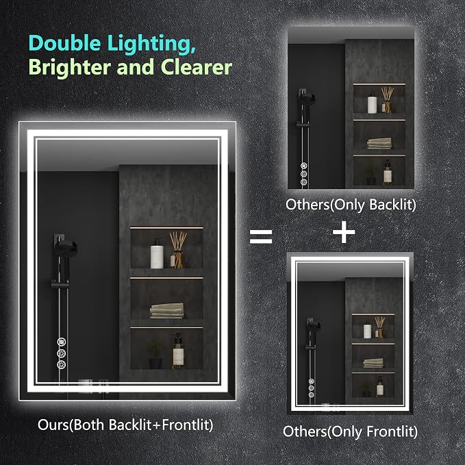 Ratsamee 24x36 Inch Led Mirror for Bathroom with Front Light and Backlit, Bathroom Mirror with Led Lights, Vanity Mirror with Lights for Wall, Anti-Fog, Dimmable, Memory Function, Tempered Glass