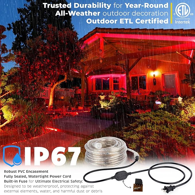 WYZworks 288LEDs, 25ft LED Outside Rope Lights, Waterproof Permanent Outdoor ETL Certified Connectable Clear Tube, Christmas Palm Tree Holiday Decorative Landscape Patio Accent Lighting - Red