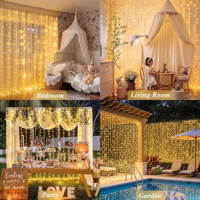 JMEXSUSS USB Plug in Curtain Lights 200 LED with 8 Modes, 6.5ftx6.5ft | Remote, Warm White Curtain Fairy Lights, String Lights for Bedroom, Classroom, Dorm, Wedding, Xmas, Party Decor