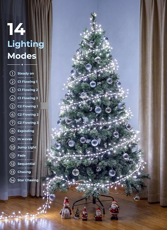 Flowing Fairy Lights Plug in with 14 Modes, 10FT 388LED Twinkle String Lights Indoor, Christmas Tree Lights Indoor Waterproof for Bedroom Christmas Home Room Decor, Cool White