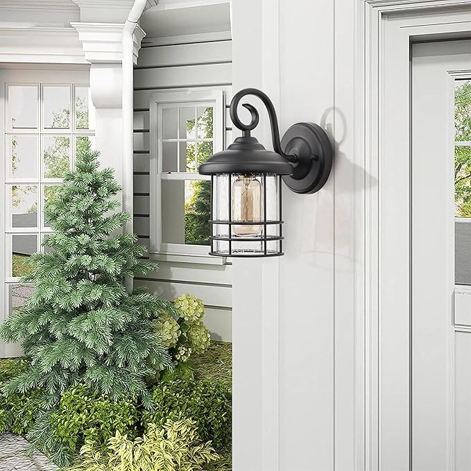 MICSIU 5.5" Wide Black Single Outdoor Porch Light, 9.8" H Modern Farmhouse | Seedy Glass Outside Fixture, Vintage Round Outdoor Wall Sconce For Small Sidelight, Front Door, Garage