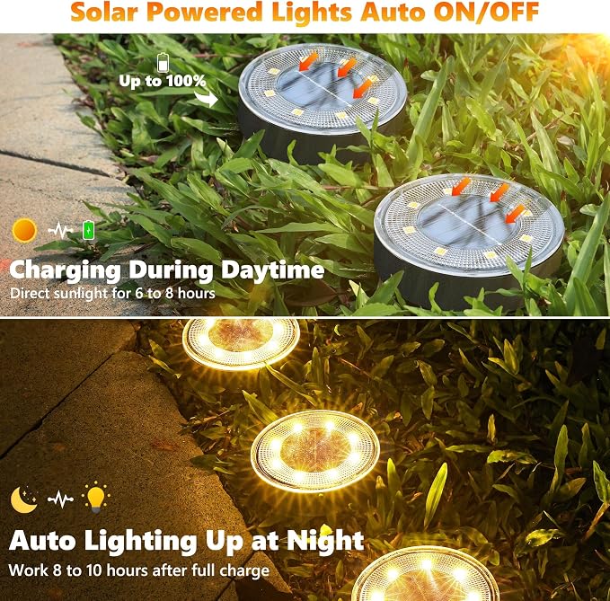 Joomer Solar Ground Lights Outdoor Waterproof, 12 Pack 8 LED, Warm White | Solar Powered Garden Lights Disc Landscape Lighting Outdoor for Patio Pathway Lawn Yard Driveway Walkway outside