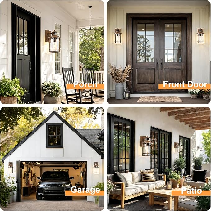 Motion Sensor Outdoor Wall Lights-Dusk to Dawn Porch Light,Faux Wood Grain Outdoor Lights Fixture,3 Lighting Modes Waterproof Anti-Rust Outdoor Lights for House Porch Garage (2 Pack