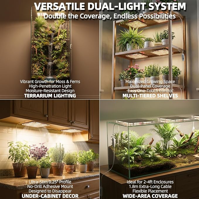 Dual Head Under Shelf Grow Light, Stick On LED Shelf Plant Light with Timer | Dual Head Under Cabinet Grow Light, Full Spectrum 3500K High PPFD LED for Plant Stands, Shelves & Multi-Plant Coverage