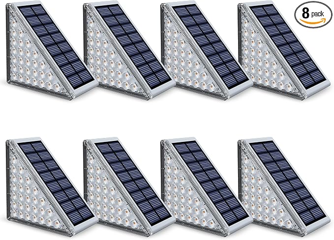 Outdoor Step Lights, Upgraded 28 LEDs 2 Brightness Modes, IP67 Waterproof Solar Stair Lights for Outside Steps, 1200mAh Battery Long Runtime Warm White for Patio Deck Yard Porch, 8 Pack