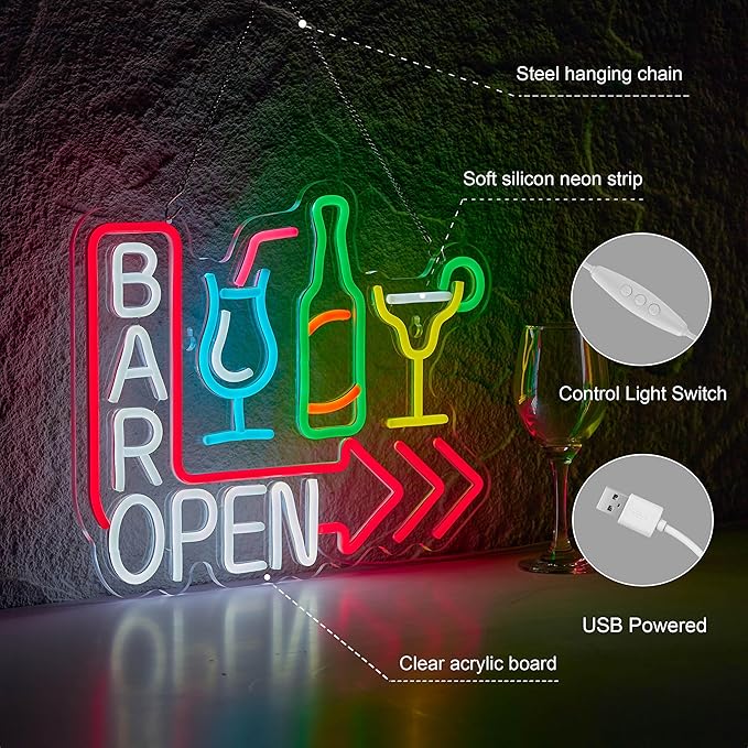 Bar Open Neon Sign for Wall Décor Dimmable USB Open Beer Bar LED Light for Pub Business Decor