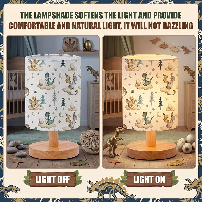Cute Dragon Kids Table Lamp for Bedroom Kids Bedside Lamp with Linen Wooden Nightstand Cartoon Nursery Lampshade for Girls Boys Living Room