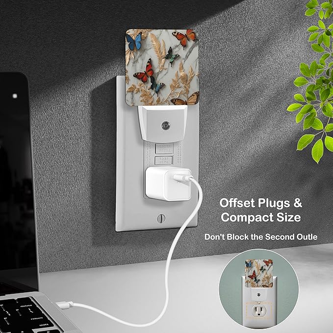 LED Night Light Lamp with Smart Sensor Dusk to Dawn Sensor,Marble with Feathers Flowers and Butterflies Night Light Daylight White,0.5W Plug-into Wall for Adults,Bedroom,Hallway,Kitchen