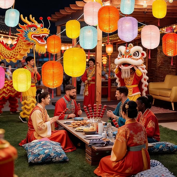 Set of 10 Paper Lanterns 6inches New Year Spring Festival Valentines Lanterns Variety Color with LED Lights, Hanging Paper Lanterns with Tassels Walking Sticks for Wedding Dinner Birthday Party Decor
