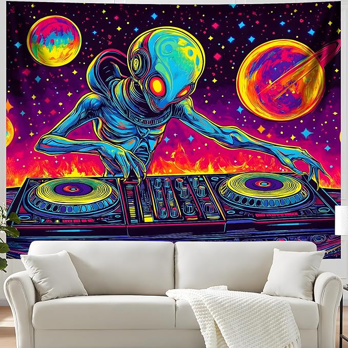 BVBOX Blacklight Space Astronaut Tapestry UV Reactive Galaxy Planet Glow in Dark Tapestries Black Light Poster Neon Wall Hanging Art for bedroom Living Room (Alien1-1M)