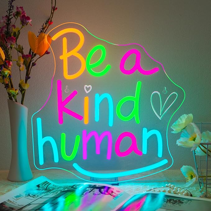 LED Neon Signs for Wall Decor Be a Kind Human Colorful Letter Inspirational Words Neon Light USB Powered Dimmable Light up sign for Bedroom Home Party Gift Class Room Decor