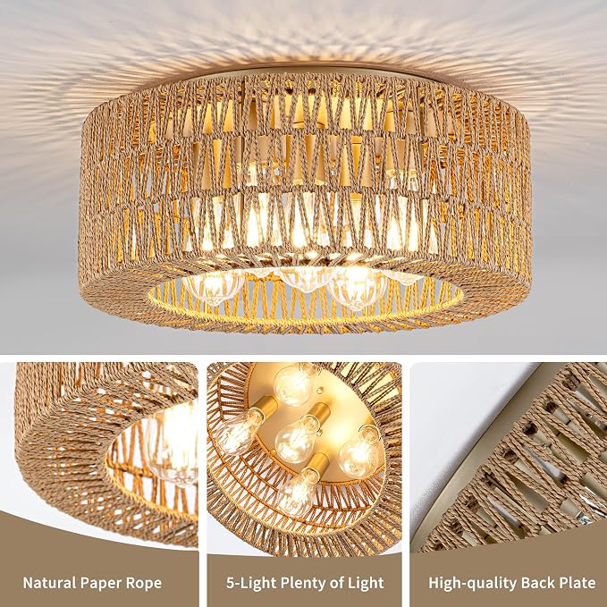 Rpzloila 18" Rattan Light Fixture, 5-Light Boho Ceiling Light, Gold Flush Mount Ceiling Light for Bedroom, Hallway, Entryway, Kitchen, Living Room